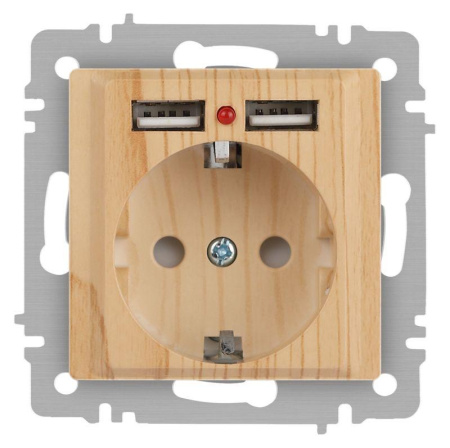 Розетка Accent 6-410-11 P+E Schuko со шторками 16А-250В + 2хUSB IP20 СУ сосна  Б0063720