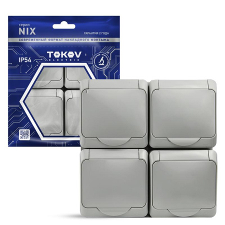 Розетка 4-м ОП Nix 16А IP54 250В с заземл. с крышкой сер.  TKE-NX-R4Z-C06-IP54