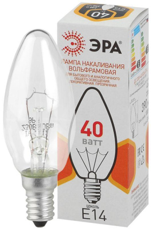 Лампа накаливания ДС 40-230-E14-CL 40Вт свеча (B36) 230В E14 ЭРА Б0039127