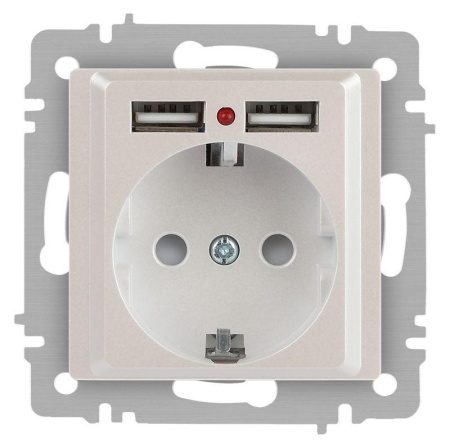 Розетка Accent 6-410-06 P+E Schuko со шторками 16А-250В + 2хUSB IP20 СУ перламутр.  Б0063700