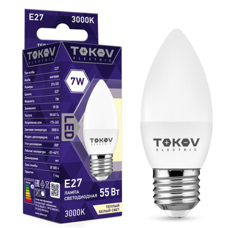 Лампа светодиодная 7Вт С37 3000К Е27 176-264В  TKE-C37-E27-7-3K
