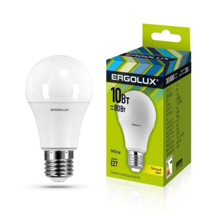 Лампа светодиодная LED-A60-10W-E27-3000K 10Вт грушевидная 3000К тепл. бел. E27 180-240В ЛОН  12148