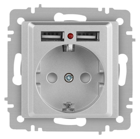 Розетка Accent 6-410-03 P+E Schuko со шторками 16А-250В + 2хUSB IP20 СУ алюм.  Б0063694