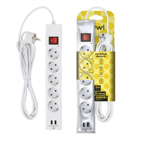 Фильтр сетевой 5х3м с/з со шторками ПВС 3 IP075 2USB 2200Вт 10А бел.  32592 5