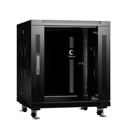 Шкаф монтажный телекоммуникационный напольный SH-05C-12U60/60-BK 19дюйм для распред. и серверн. оборудования 12U 600х600х730мм передн. стеклян. и задн. сплошн. метал. двери ручка с замком черн. (RAL 9004)  8554c