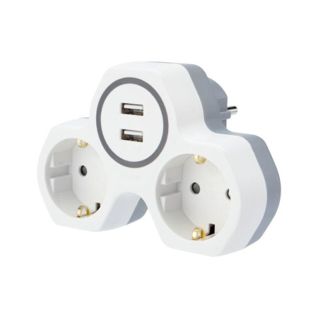 Разветвитель 2-м с заземл. 16А IP20 2хUSB 2.4А защ. шторки бел.  11-1089