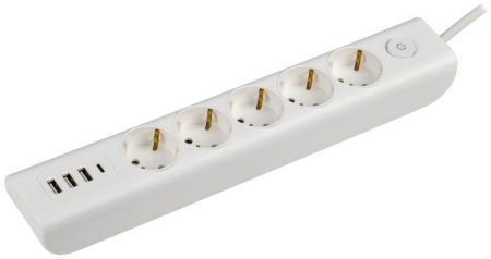 Удлинитель 5х2м с заземл. 16А 250В MODERN У05В с выкл. USBх4 (type-Aх3шт + type-Cх1шт) ПВС 3х1 бел.  WYP12-16-05-02-ZKU-K01