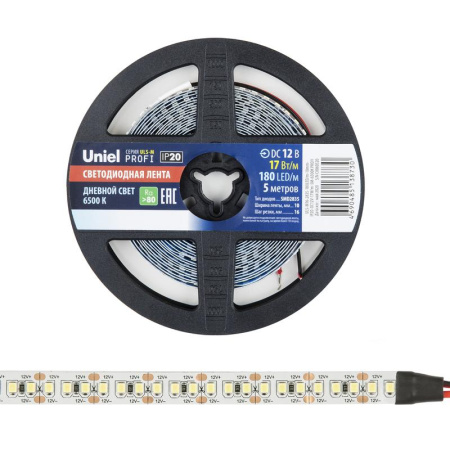 Лента светодиодная ULS-M16-2835-180LED/m-10mm-IP20-DC12V-17W/m-5M-6500K PROFI 17Вт/м 180LED/м 6500К холод. бел. IP20 12В DC 10мм гибкая на самоклеящейся основе герметичн. упак. (уп.5м)  UL-00007641