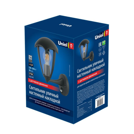 Светильник светодиодный уличный UUL-S81A 60W/E27 SENSOR IP54 BLACK под лампу Е27 с датчиком движения архитектурный накладной корпус черн.  UL-00006813