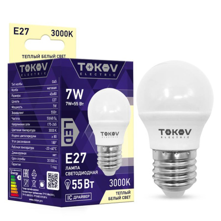 Лампа светодиодная 7Вт G45 3000К Е27 176-264В  TKE-G45-E27-7-3K