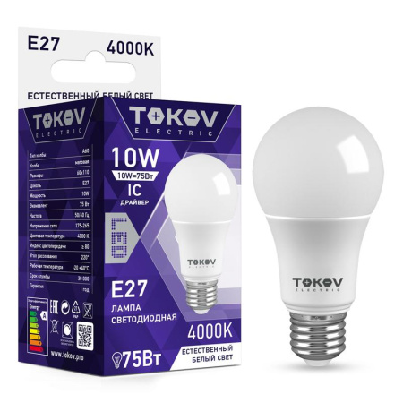 Лампа светодиодная 10Вт А60 4000К Е27 176-264В  TKE-A60-E27-10-4K