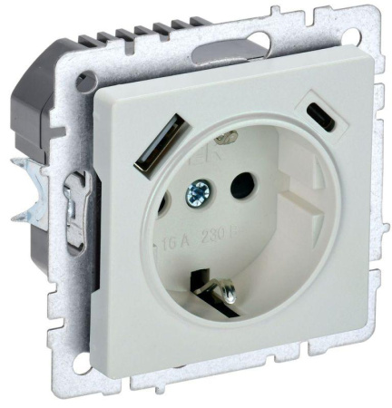 Розетка BRITE РЮш11-1-БрЖ 16А с USB A+C 18Вт с заземл. защ. шторки механизм жемчуж.  BR-R14-16-U22-018-K36