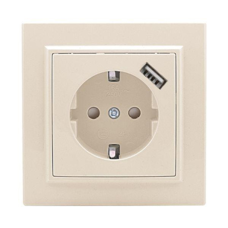 Розетка 1-м СП Минск 16А IP20 с заземл. защ. шторки с заряд. устройством USB 1А беж.  ERR16-028-200-USB