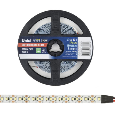 Лента светодиодная ULS-M16-2835-180LED/m-10mm-IP20-DC12V-17W/m-5M-4000K PROFI 17Вт/м 180LED/м 4000К нейтр. бел. IP20 12В DC 10мм гибкая на самоклеящейся основе герметичн. упак. (уп.5м)  UL-00007640