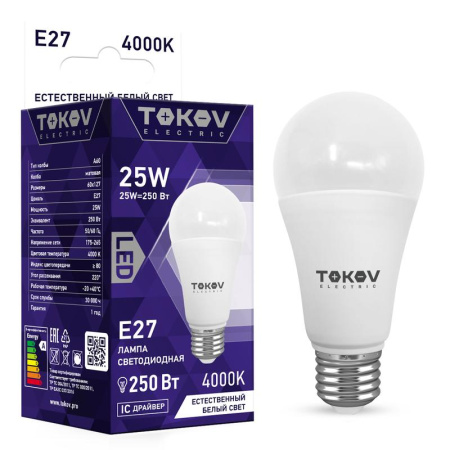 Лампа светодиодная 25Вт А60 4000К Е27 176-264В  TKE-A60-E27-25-4K