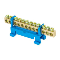 Шина нулевая N 6х9 12 отверстий синий изолятор тип "Стойка" на DIN-рейку латунь PROxima  sn0-63-12-sb