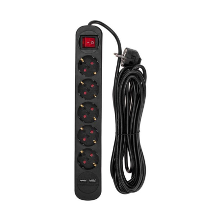 Удлинитель 5х5м с заземл. STANDARD 2хUSB 3х1кв.мм с выкл. черн.  13-4042