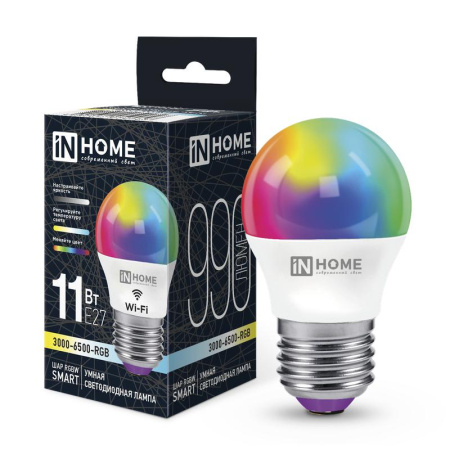 Лампа светодиодная LED-ШАР-RGBW-SMART 11Вт 230В димм. E27 3000-6500К 990лм  4690612050058