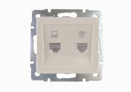 Розетка компьютерная + телефонная 2-м СП Rain RJ45 + RJ11 16А IP20 механизм крем.  703-0388-143