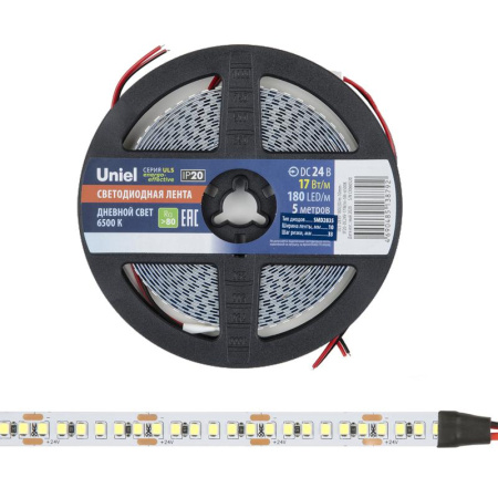 Лента светодиодная ULS-2835-180LED/m-10mm-IP20-DC24V-17W/m-5M-6500K 17Вт/м 180LED/м 6500К холод. бел. IP20 24В DC 10мм гибкая на самоклеящейся основе герметичн. упак. (уп.5м)  UL-00007644