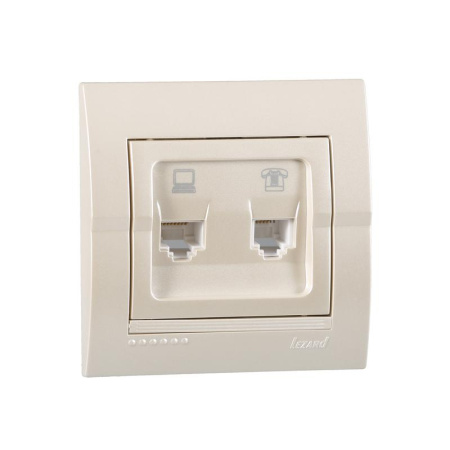Розетка компьютерная + телефонная 2-м СП Deriy RJ45 + RJ11 IP20 жемчуж./бел. метал.  702-3030-143