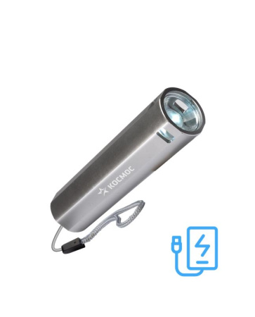 Фонарь аккумуляторный ручной LED 1Вт линза аккум. Li-ion 18650 1.2А.ч Power-bank USB-шнур ABS-пластик  KOS116Lit