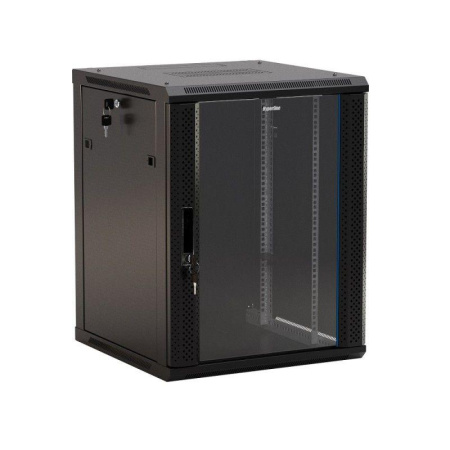 Шкаф настенный TWB-1245-GP-RAL9004 19дюйм 12U 650х600х450мм стеклян. дверь с перфорацией по бокам ручка с замком черн. разобранный  392633