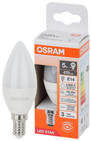 Лампа светодиодная LED Star 5Вт свеча 4000К E14 470лм (замена 40Вт) OSRAM 4058075696082