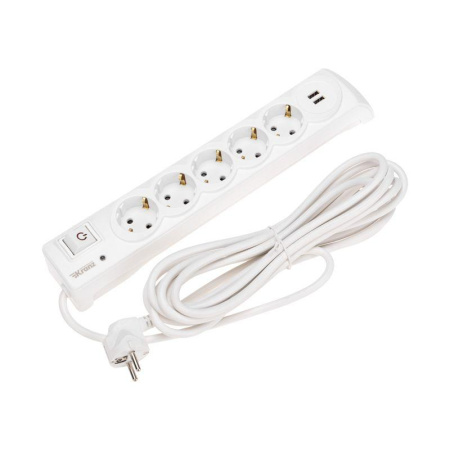 Удлинитель с сетевым фильтром 5х5м с автовыкл. 2 USB КГ 3х1.5кв.мм бел.  13-4701
