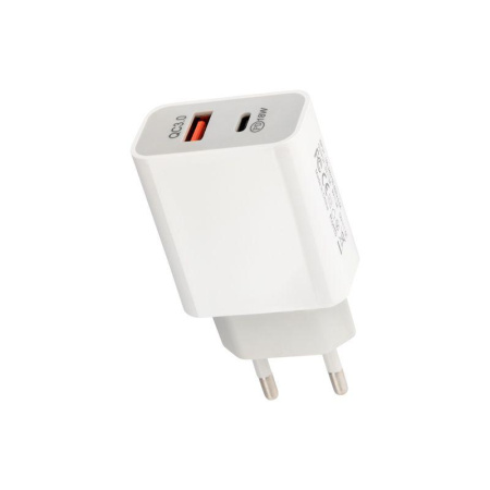 Устройство зарядное сетевое USB-A+USB-C адаптер 18Вт бел.  18-2216