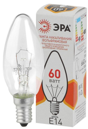 Лампа накаливания ДС 60-230-E14-CL 60Вт свеча (B36) 230В E14 ЭРА Б0039129