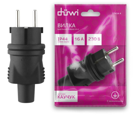Вилка каучуковая прямая с/з 16А 230В IP44 черн.  27454 4