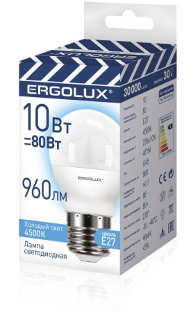 Лампа светодиодная LED-G45-10W-E27-4K 10Вт шар 4500К бел. E27 180-240В ПРОМО  14546