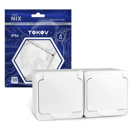 Розетка 2-м ОП Nix 16А IP54 250В с заземл. с крышкой бел.  TKE-NX-R2Z-C01-IP54