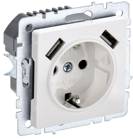 Розетка BRITE РЮш10-2-БрБ 16А с USB A+A 3.1А с заземл. защ. шторки механизм бел.  BR-R14-16-U21-D31-K01