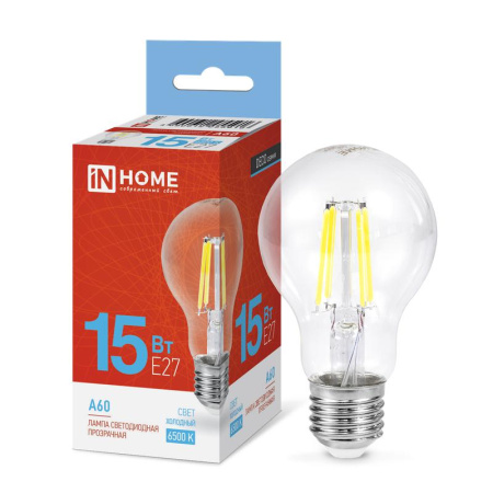 Лампа светодиодная филаментная LED-A60-deco грушевидная прозрачная 15Вт 230В E27 6500К 1480лм  4690612055916