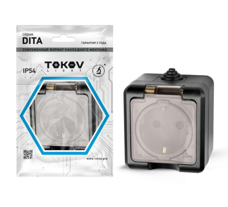 Розетка 1-м ОП Dita 16А IP54 250В с заземл. с прозр. крышкой карбон  TKL-DT-R1Z-C14T-IP54