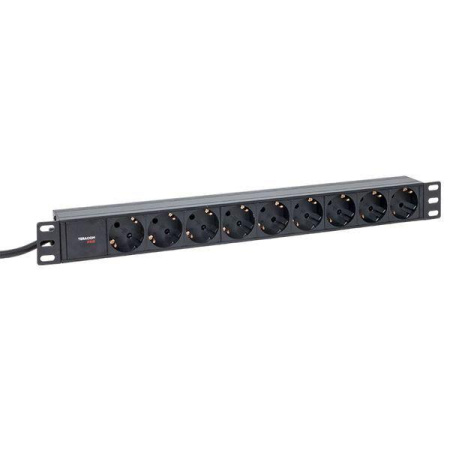 Блок PDU TERACOM PRO 19дюйм 1U 16А/250В 9 роз. Schuko шнур 2м 3х1.5кв.мм вилка Schuko корпус алюм. черн.  TRP-HPD-16A-9SH-2MSH