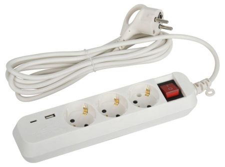Удлинитель 3х3м с заземл. 10А +1xUSBA+1xUSBC с выкл. UB-3es-3m-USB  Б0052898