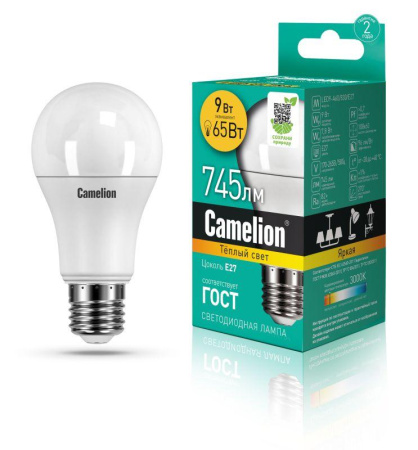 Лампа светодиодная LED9-A60/830/E27 9Вт грушевидная матовая 3000К тепл. бел. E27 745лм 170-265В  12043