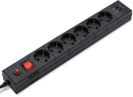 Удлинитель с сетевым фильтром 6х1.8м с заземл. 10А IP20 BU-SP1.8_USB_2A 2.2кВт 2хUSB CCA черн.  992310