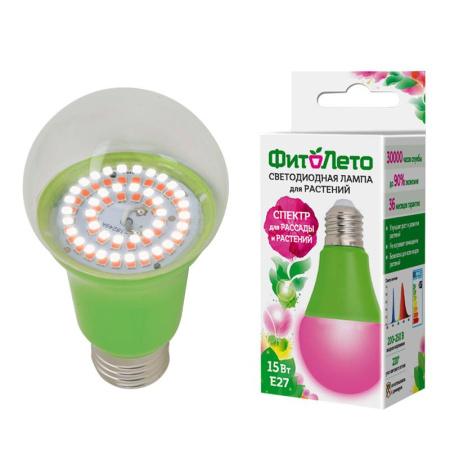 Лампа светодиодная LED-A60-15W/SPSB/E27/CL PLP30GR 15Вт A60 грушевидная прозрачная для растений спектр для рассады и цветения (упак. картон)  UL-00004582