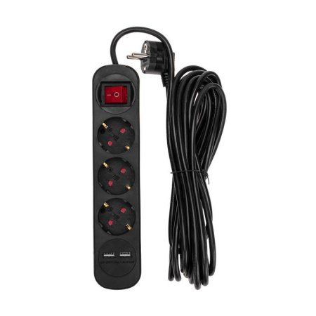 Удлинитель 3х5м с заземл. STANDARD 2хUSB 3х1кв.мм с выкл. черн.  13-4023