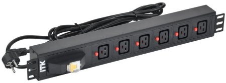 Блок розеток 6 мест PDU C19 с фиксатором вилки с автоматом на 16А 1.5U кабель 3м вилка нем. станд. алюм. профиль черн.  PH21-06C19-11