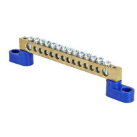 Шина нулевая N 6х9 14 отверстий 2 синих угловых изолятора латунь розн. стикер PROxima  sn0-63-14-2-r