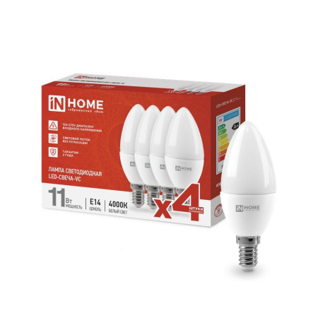 Лампа светодиодная LED-СВЕЧА-VC 4PACK 11Вт 230В E14 4000К 1050лм (уп.4шт)  4690612047799