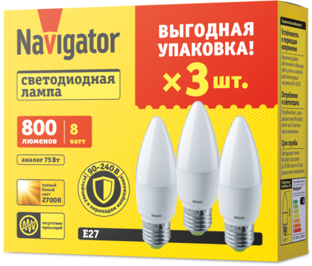 Лампа светодиодная 95 322 NLL-C37-8-230-2.7K-E27-FR-PACK3  95322
