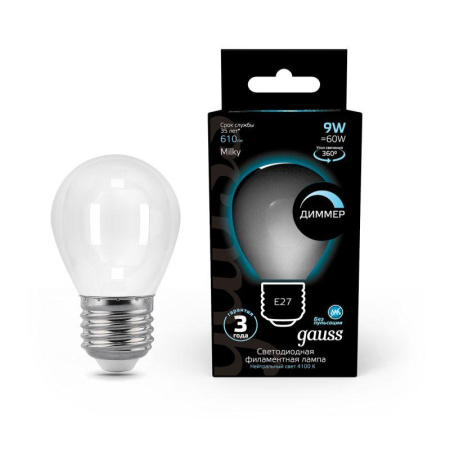 Лампа светодиодная филаментная Black Filament 9Вт P45 шар матовая 4100К нейтр. бел. E27 610лм диммир.  105202209-D