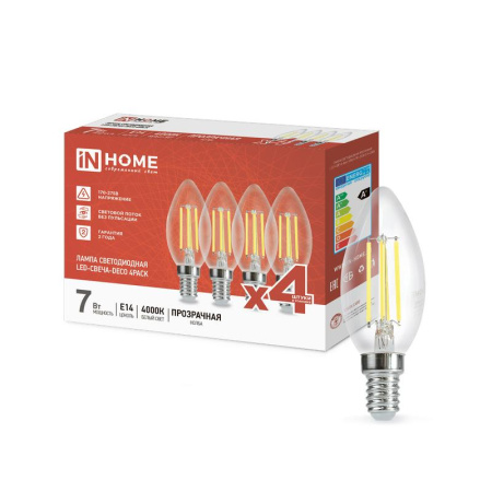 Лампа светодиодная филаментная LED-СВЕЧА-deco 4PACK 7Вт свеча прозрачная 4000К нейтр. бел. E14 810лм 230В (уп.4шт)  4690612053448
