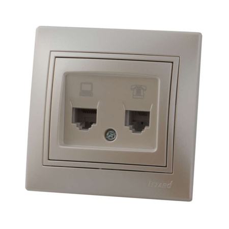 Розетка компьютерная + телефонная 2-м СП Mira RJ45 + RJ11 IP20 со вставкой жемчуж./бел. перламутр.  701-3030-143